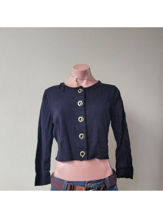 Calvin Klein Tops - Calvin Klein Unique Metallic Chain Accent 3/4 Sleeve Black Knit Cardigan Top (M)